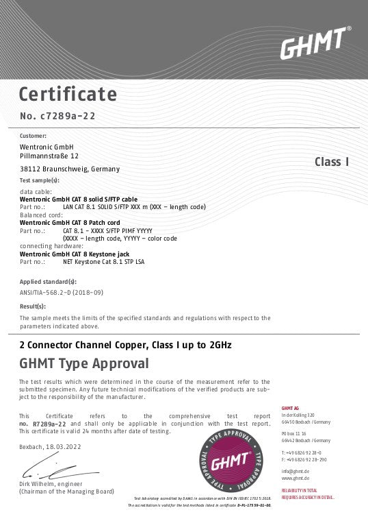 50m GHMT-zertifiziertes CAT 8.1 Verlegekabel, S/FTP (PiMF), gelb AWG22