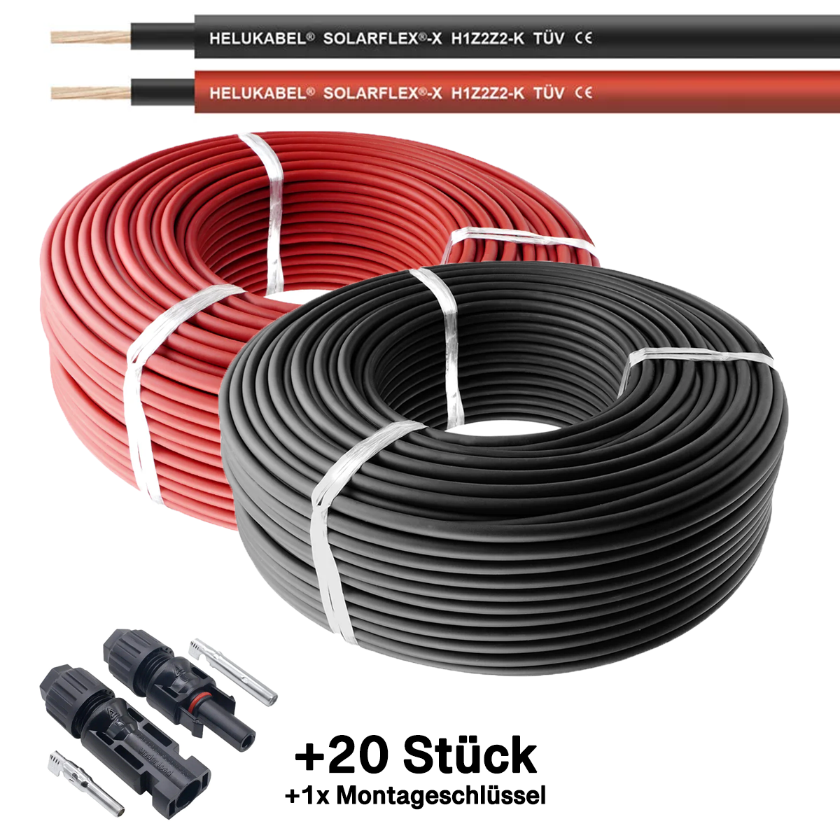 2er Pack rot + schwarz Solarkabel 6mm² - je 50m - UV-beständig, halogenfrei, flexibel ... inkl. 20x MC4 Solarstecker